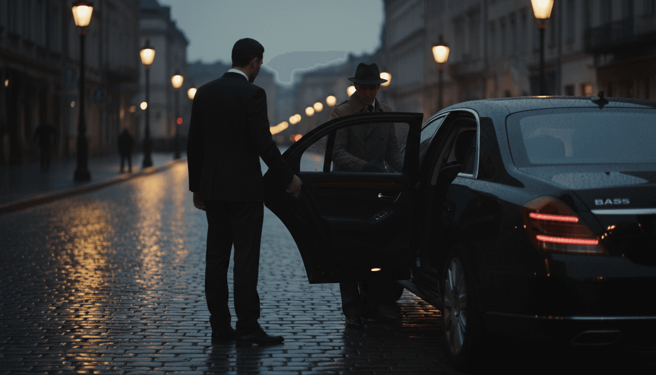 Suited driver holding open the rear door of a black luxury sedan on a dim city street at night