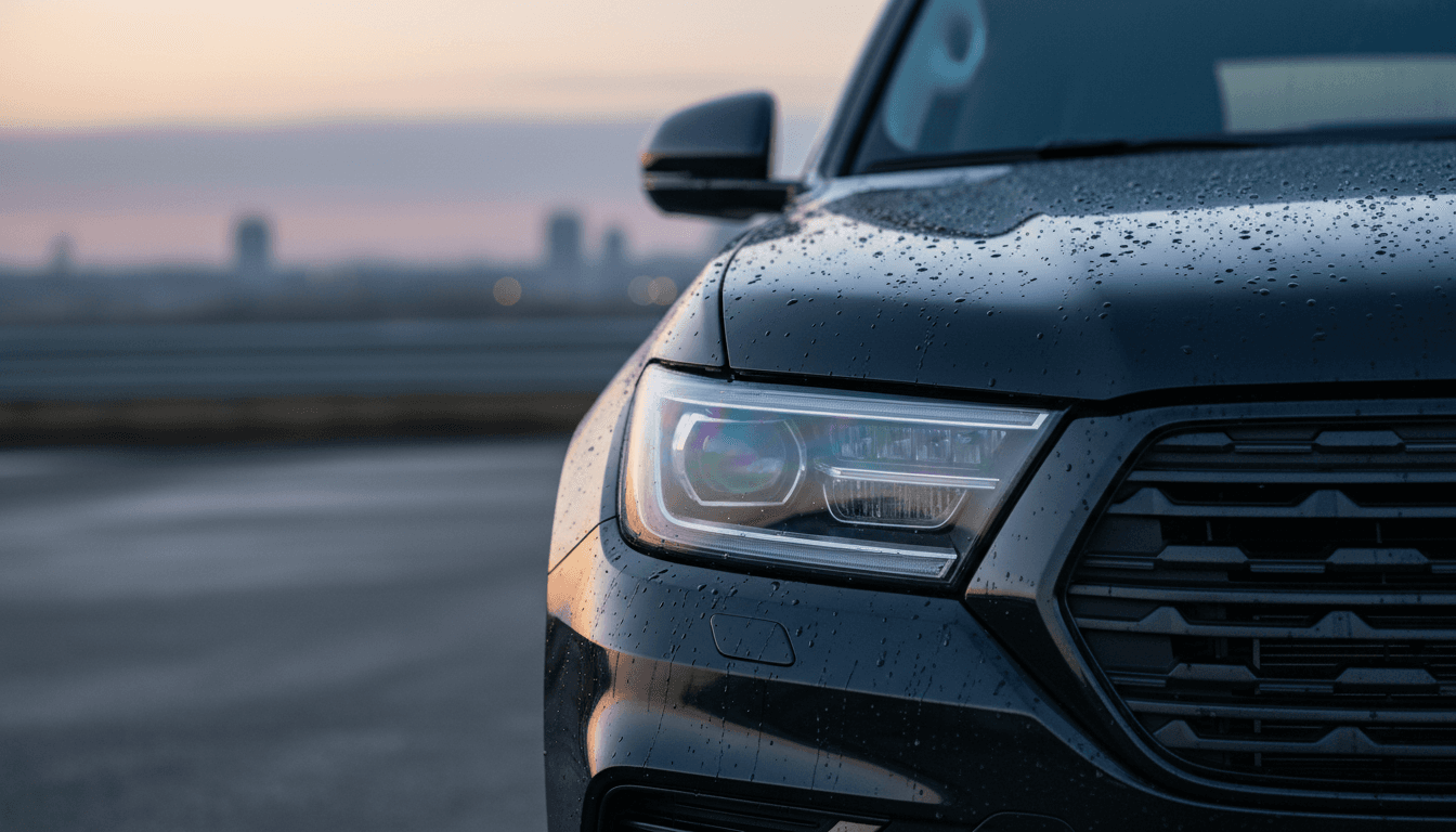 Close-up of a black SUV's polished hood with dew drops reflecting morning city light