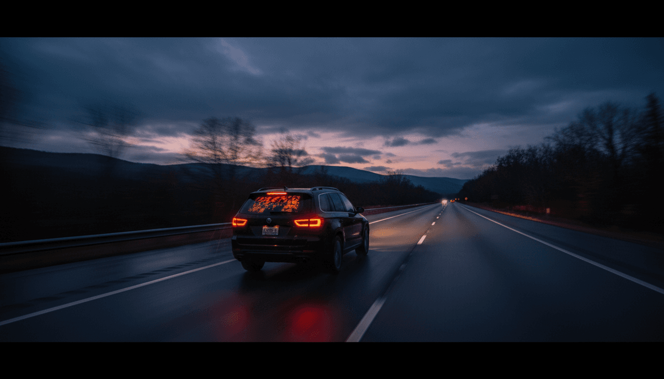 Black SUV on highway at dusk