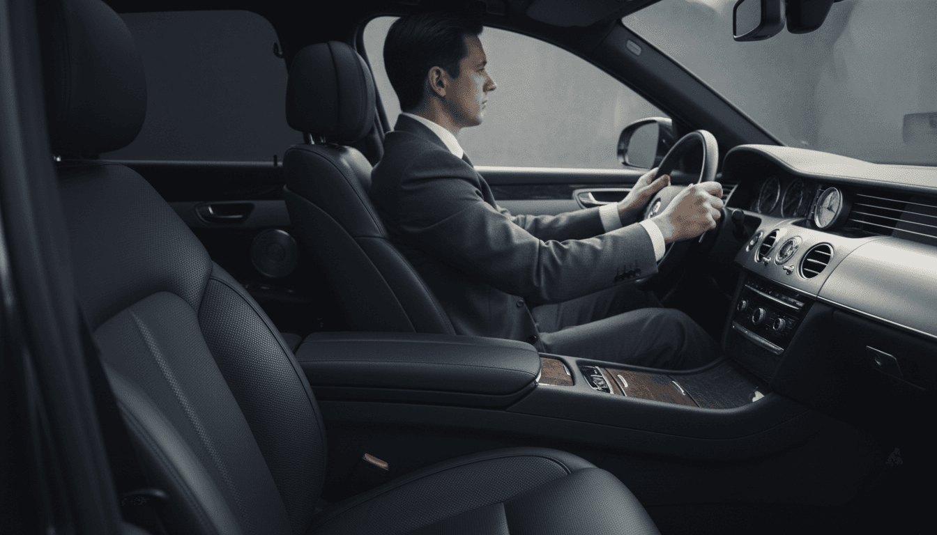 Clean black car interior with driver in sight