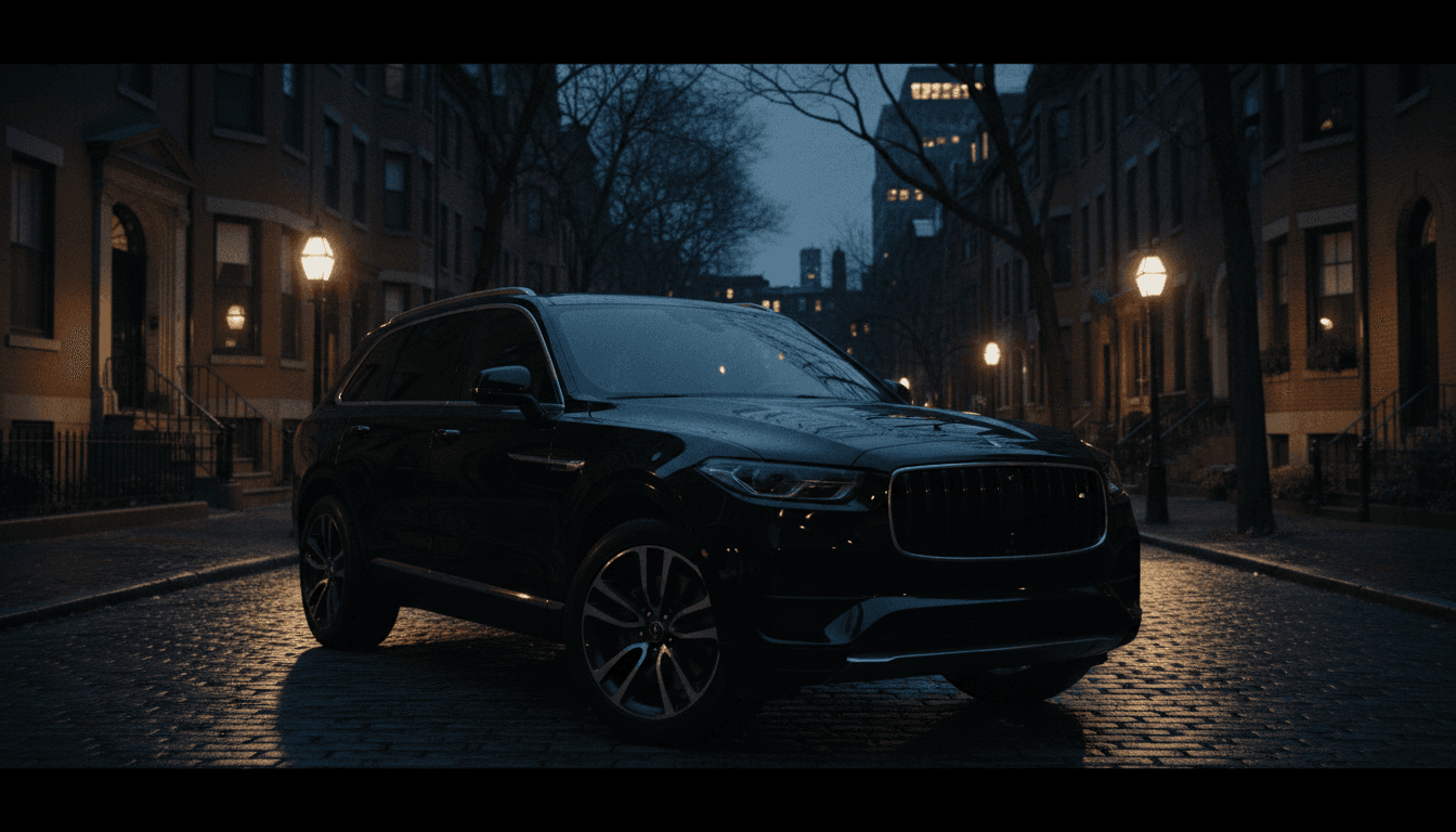 Black luxury SUV parked on a wet city street at dusk, Boston brownstones in background