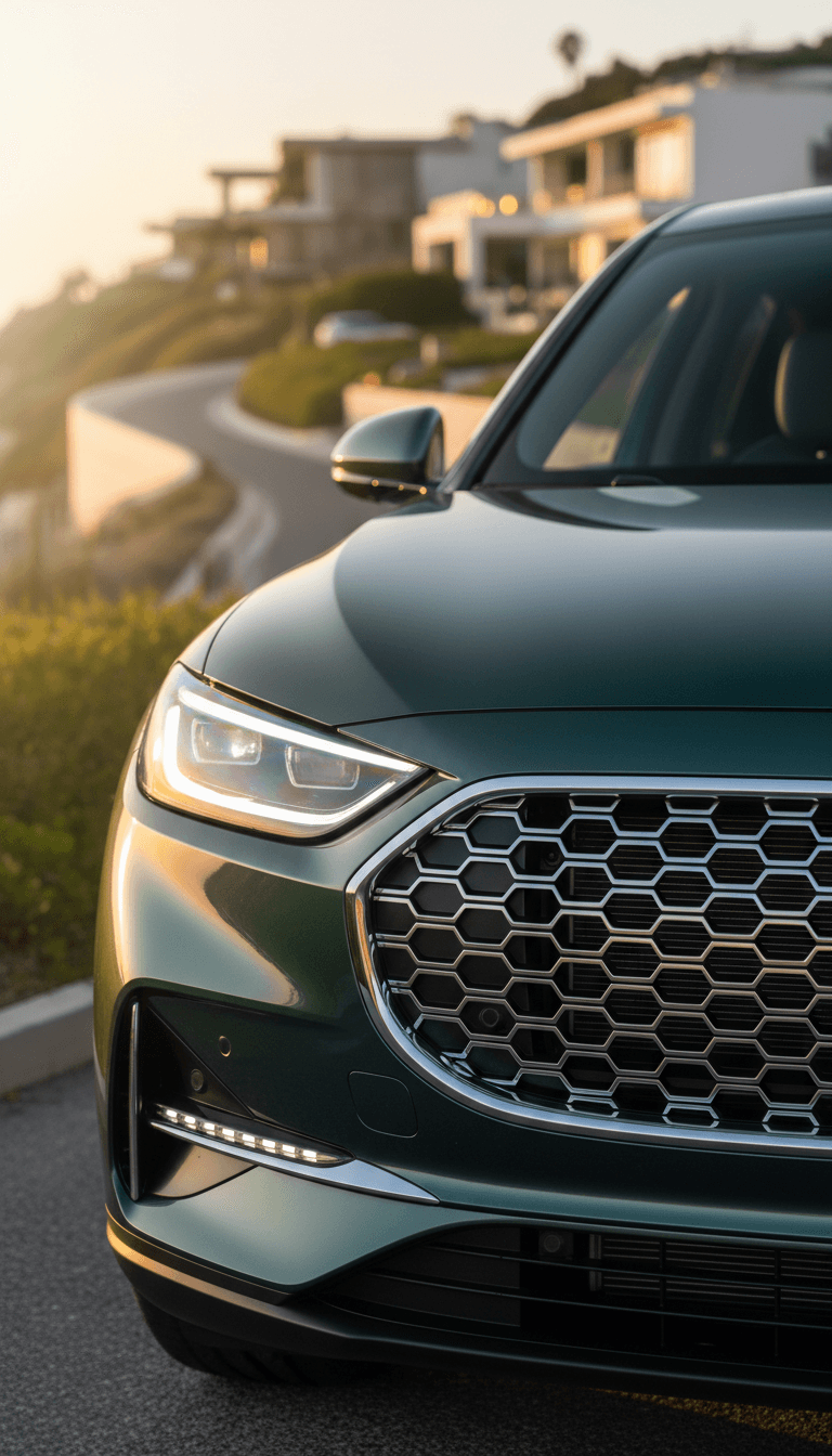 Front grille of a black luxury SUV reflecting city lights at dusk