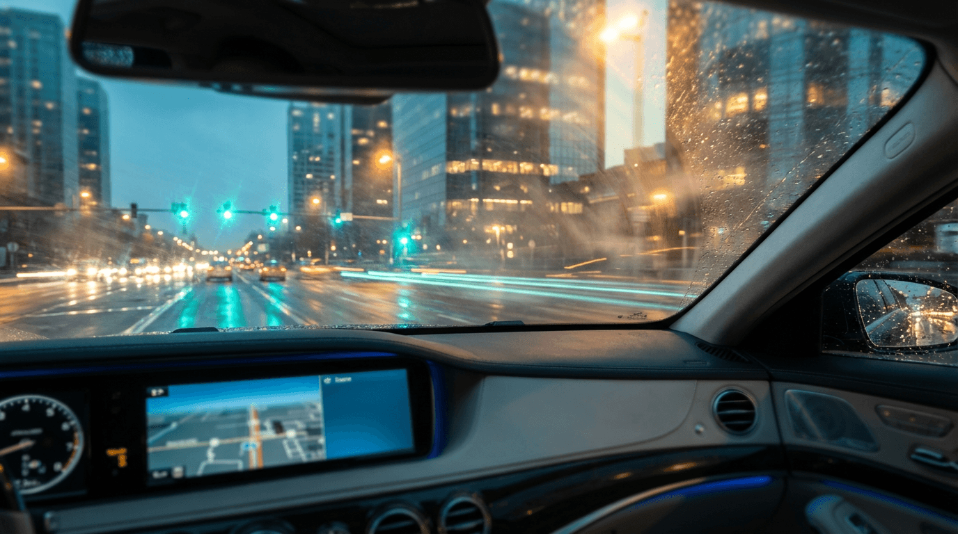 View from driver's seat of city skyline approaching