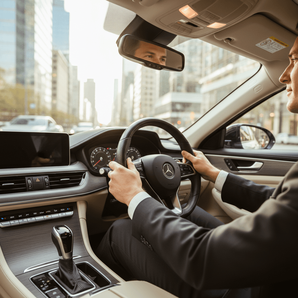 Driver holding open door of a black sedan