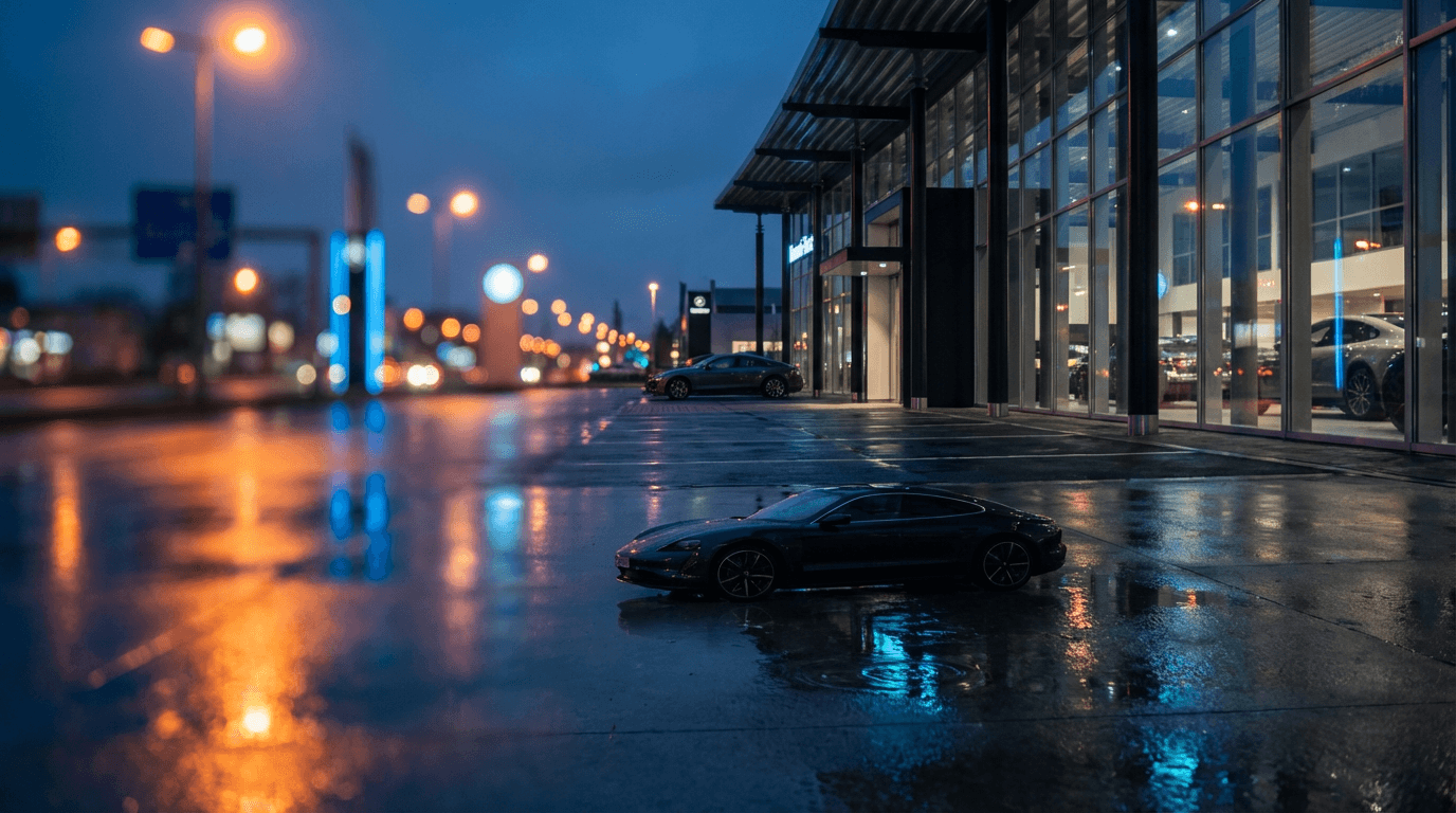 Black luxury SUV parked at night on wet city street, reflecting lights