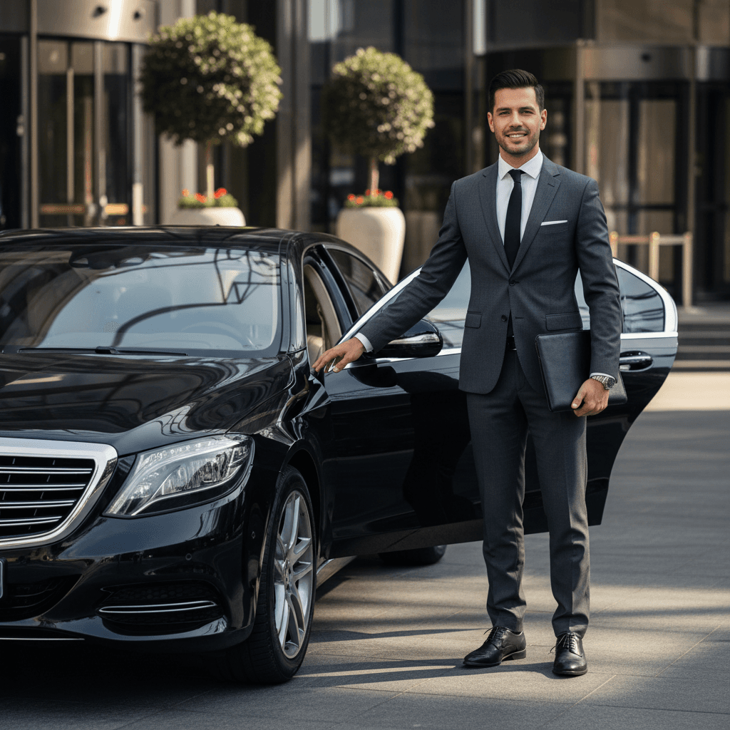 Driver in suit holding open the door of a black luxury sedan for a passenger