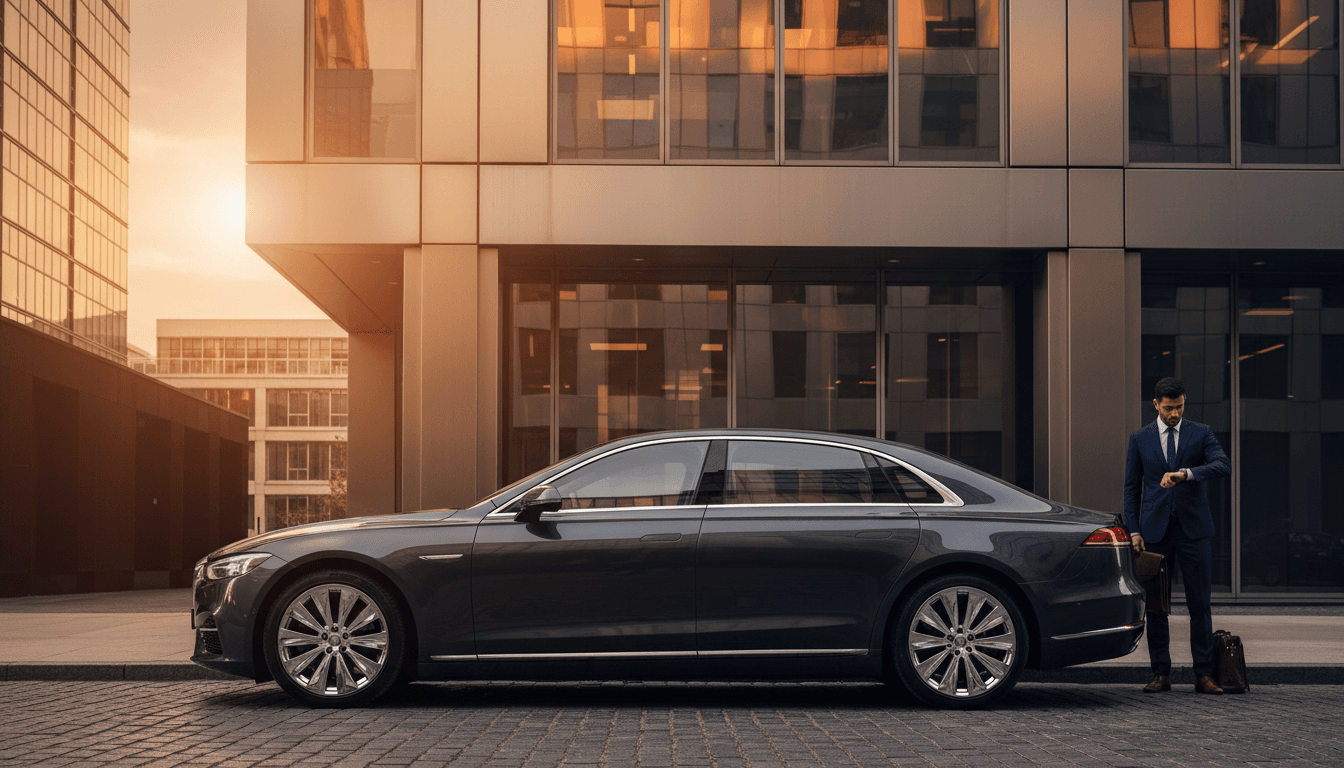 Black car waiting outside corporate building at dusk
