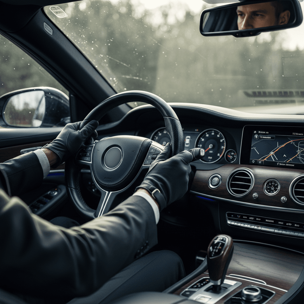Interior of a black luxury SUV at dusk in Boston, driver's hands on the wheel