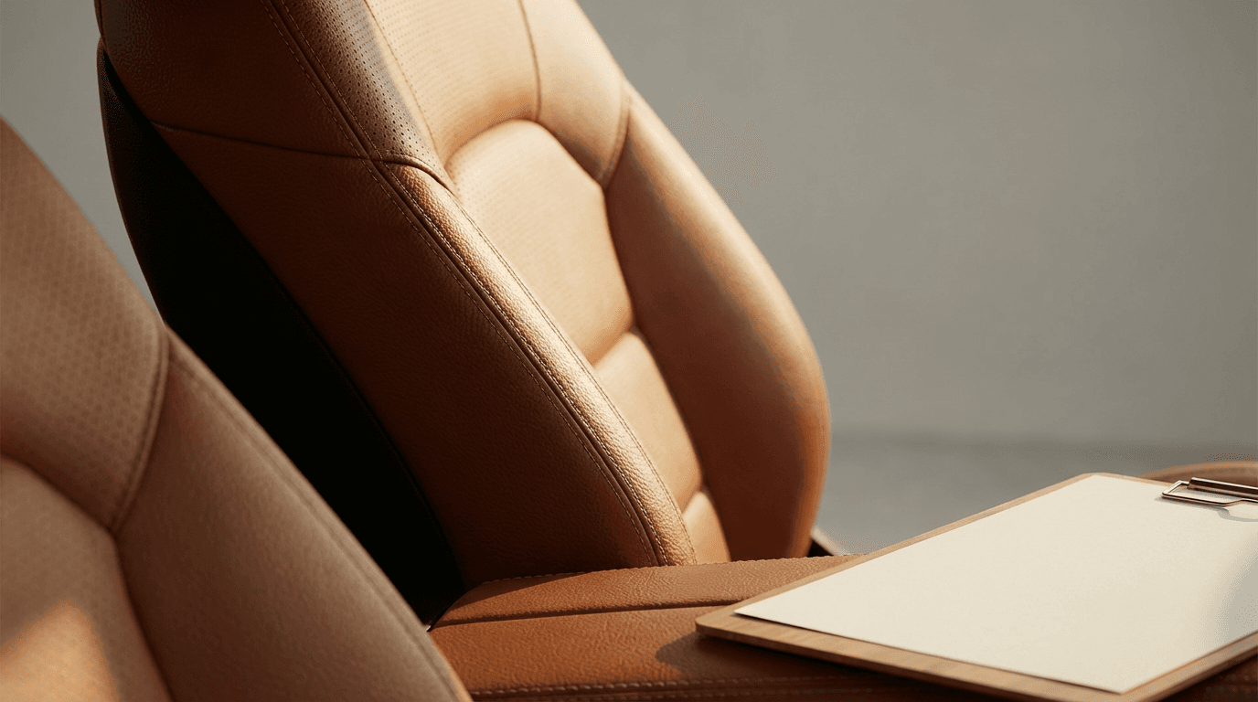 Close-up of black leather car seat interior with stitching detail
